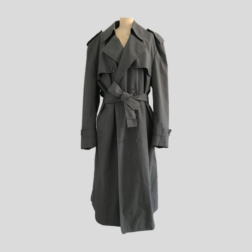 Vintage 1980s Gray London Fog Trench Coat - Double Breasted Belted Overcoat L
